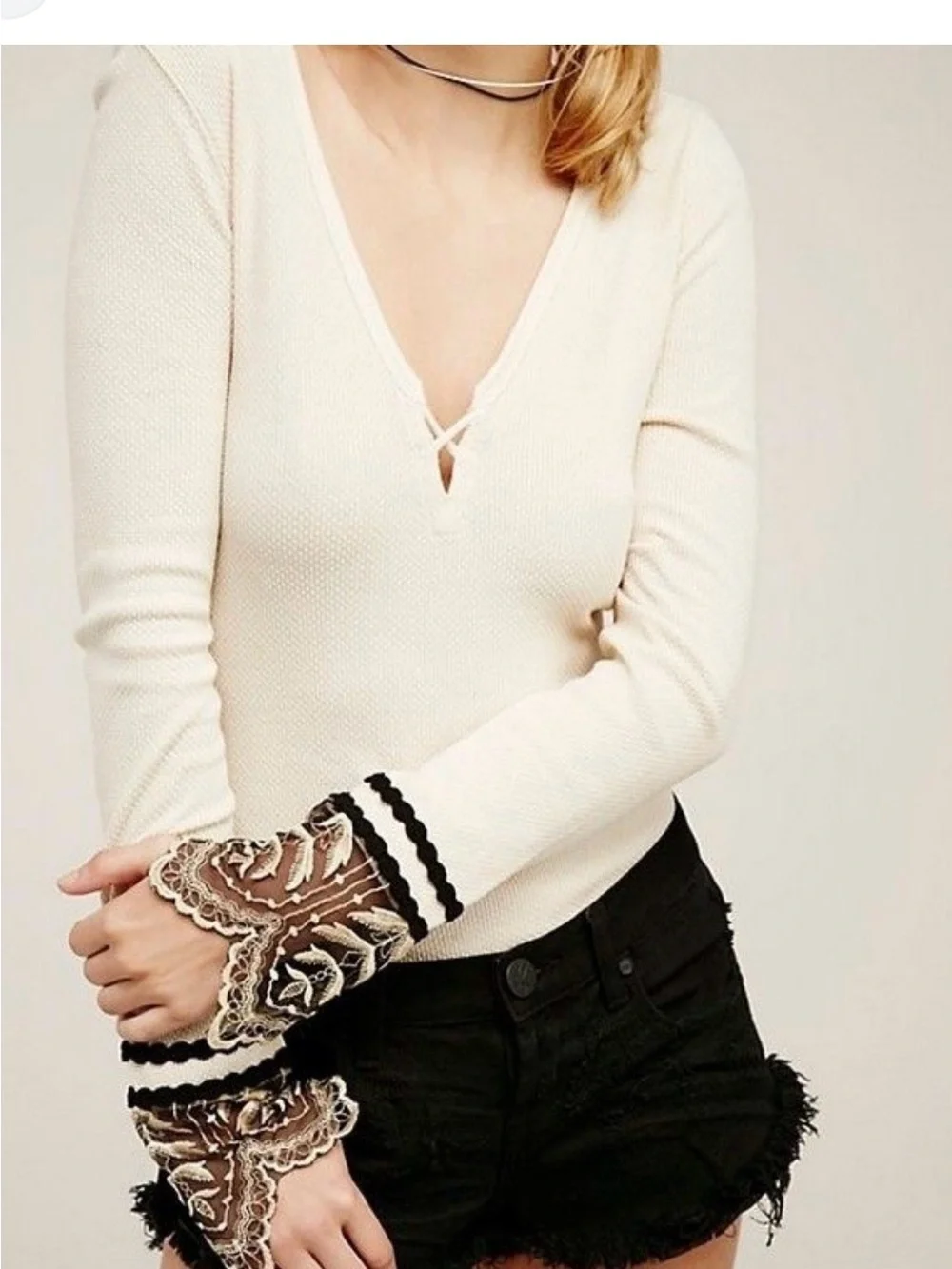 Free People Cream Textured V-Neck Knit Top